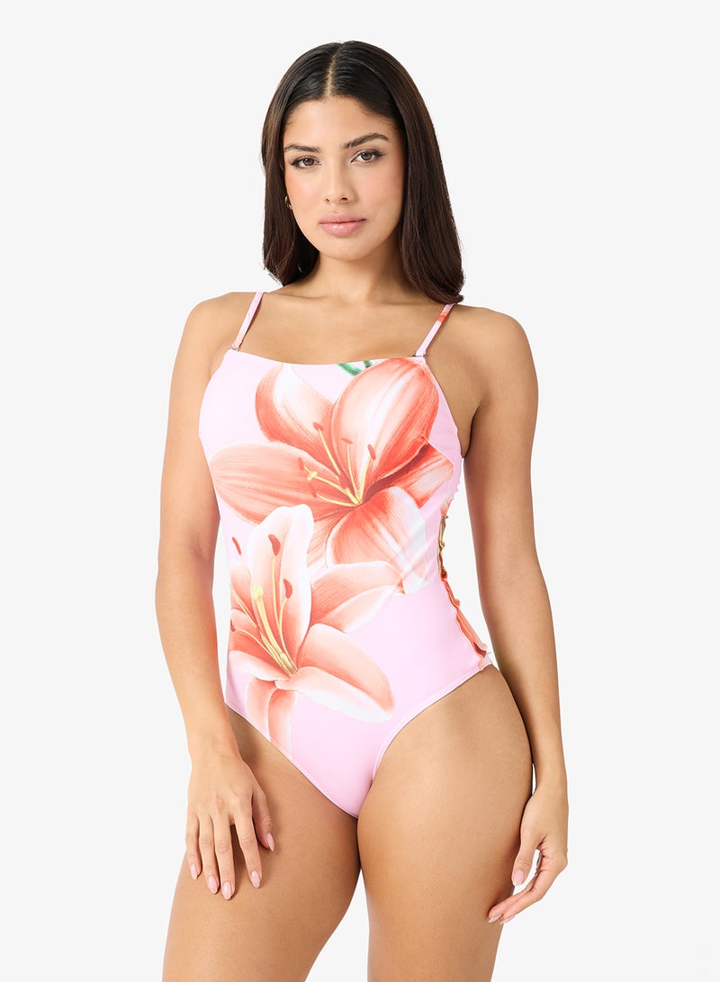 جينجر قطعتان بدلة سباحة بطبعة زهور مع سارونغ تغطية - Image 3